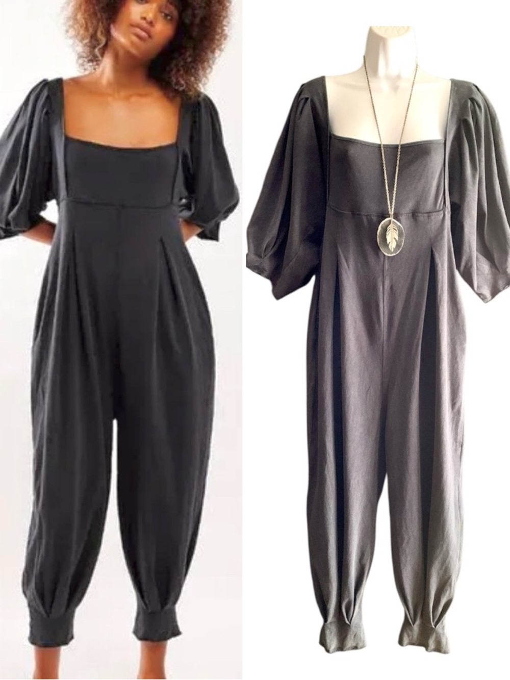 Free People “Lotta Love” over-washed Black Square-Neck Puff-Sleeve Jumpsuit- S - Picture 15 of 15